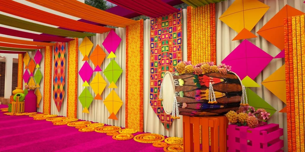 Colourful haldi and Sankranti decor with kites and marigold by RAW Group